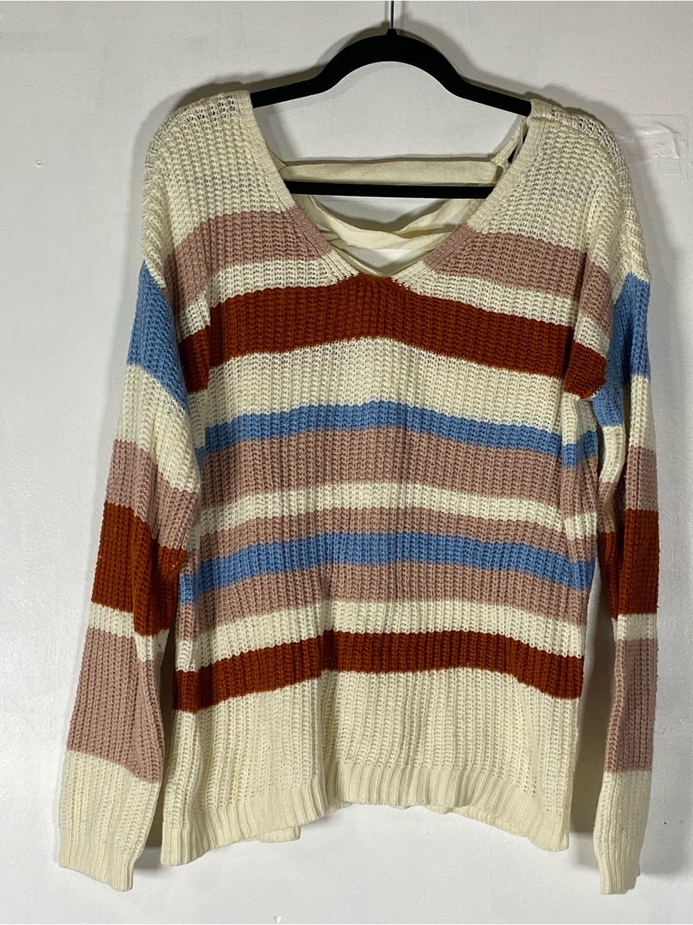 Coquette Ribbon Lace Up Back Colorblock Chunky Knit Sweater Medium Preppy